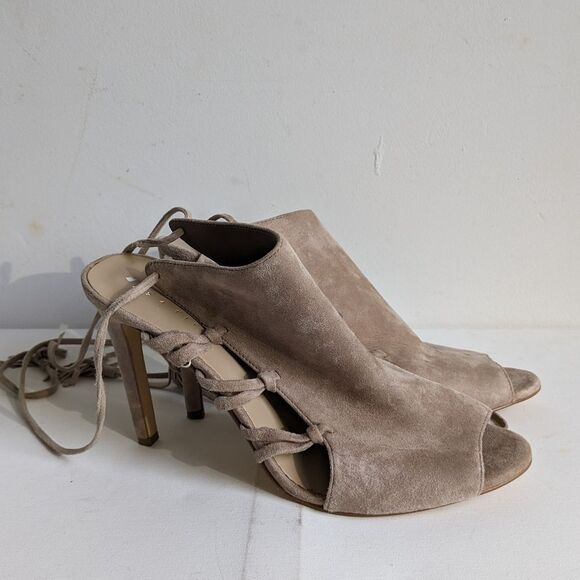 Lord & Taylor Fran Taupe Suede Lace Up Tassel Heels - Picture 2 of 8
